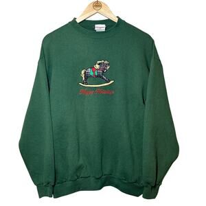 Happy Holidays Rocking Horse VTG Embroidered Grandmacore Sweatshirt Unisex L